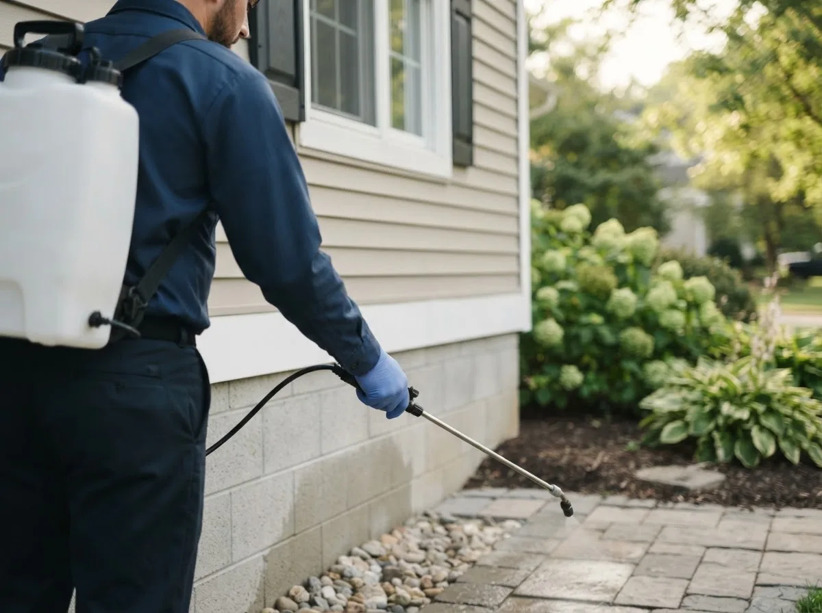 Pest control technician inspecting a home in Girard, IL